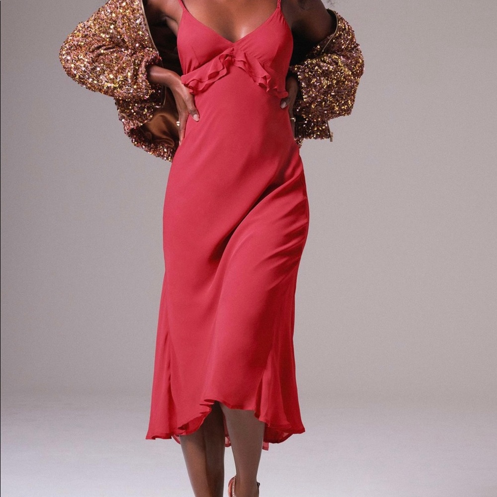 Anthropologie Red Ruffled Slip MIDI Dress, Size 12, Brand New and Never Worn